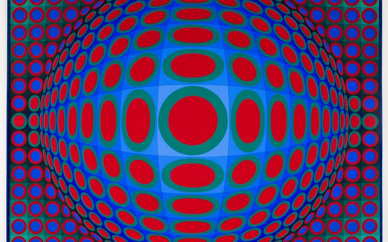 Et abstrakt verk med geometriske former i rosa, lilla, rødt, grønt, blått