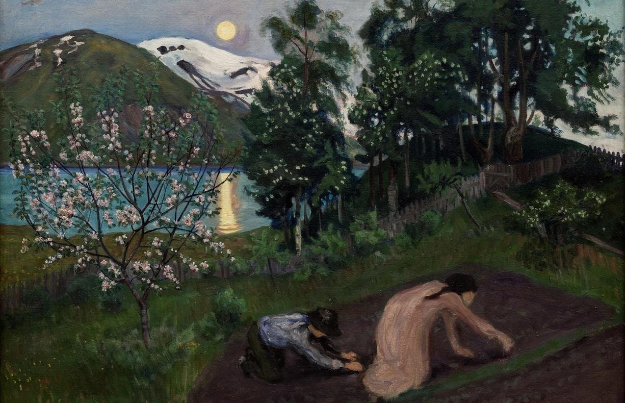 Et maleri av Nikolai Astrup, som viser to personer som graver i en åker. Det er natt og månen er oppe over fjellene i bakgrunnen.