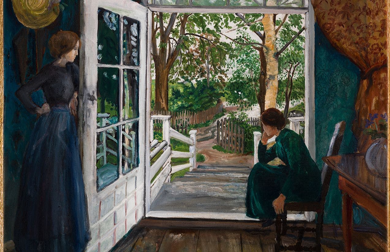 Et maleri av Nikolai Astrup hvor vi ser en åpen hverandadør sett inne fra huset. Vi ser to kvinner som står og sitter i døråpningen og titter ur på en vårlig hage. Kvinnene ser ut til å vente på noe. 