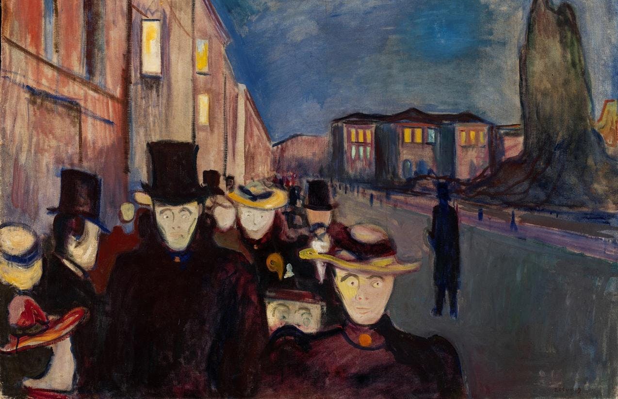 A painting by Edvard Munch depicting a group of ghost-like people wandering down the street of Oslo, towards the viewer. The all wear dark clothes and hats, and they have pale faces and large open eyes staring straight at you. 