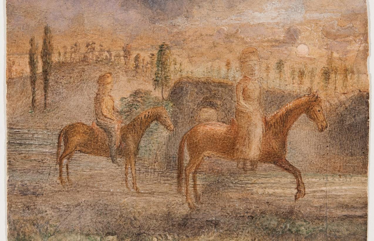 Skisse av to personer til hest