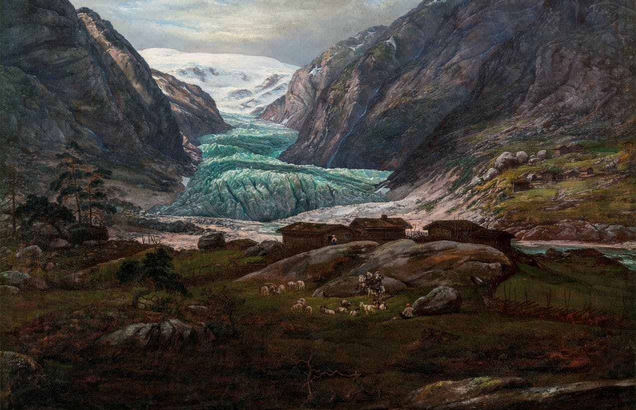 Maleriet Nigardsbreen av J.C. Dahl framstiller en blåhvit isbre i et norsk fjellandskap
