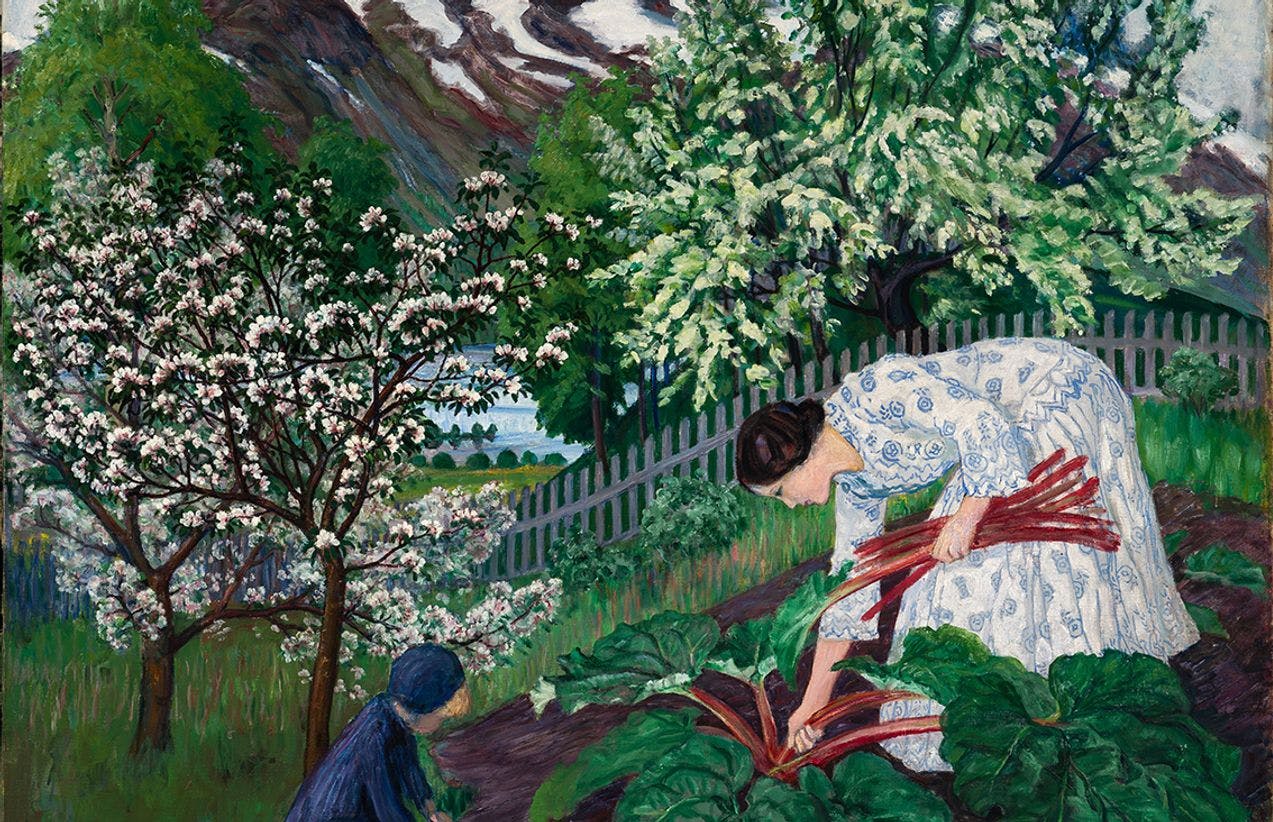Et maleri av Nikolai Astrup, som viser en kvinne sammen med et barn. De befinner seg i en åker og plukker rabarbra.
