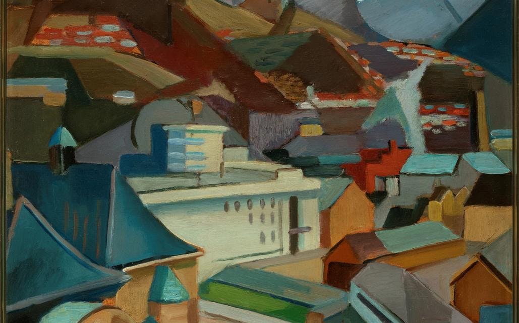 Et maleri som viser Bergen sett litt ovenfra mot Lysverket-bygget med bergensfjellene fløyen og vidden i bakgrunnen.