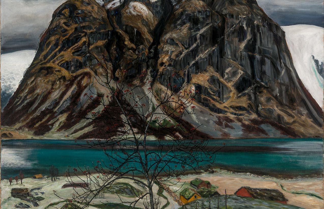 A painting depicting a large mountain, which looms over a water and a landscape with small houses.
