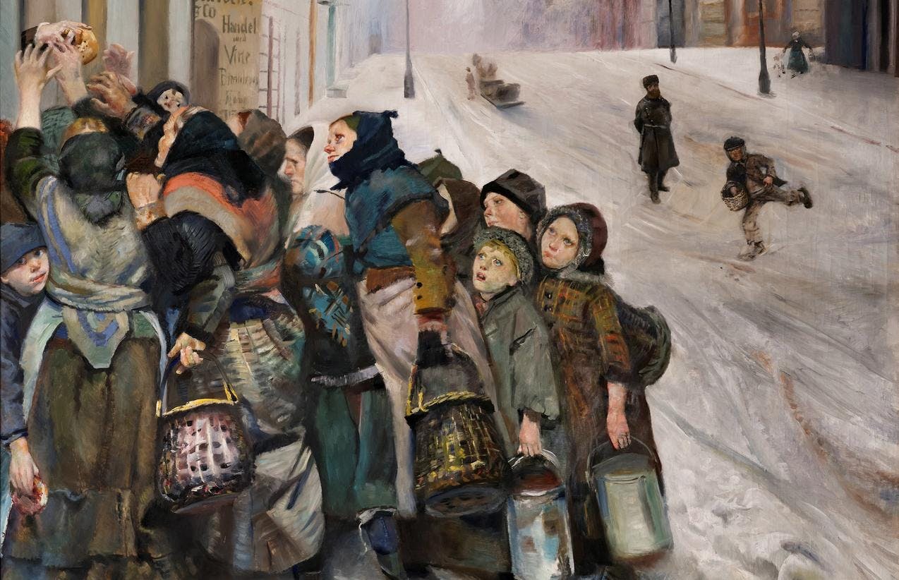 Et maleri som viser en gruppe barn og voksne smile sammen i en gate. Det er vinter og de forsøker få tak i et brød som deles ut.