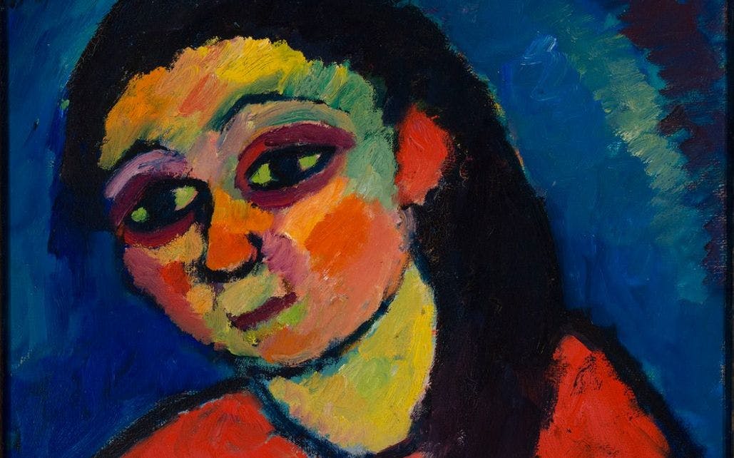 Et ekspressivt maleri av en kvinne med langt hår, malt med store fargestrøk.
