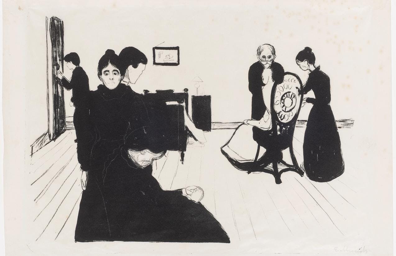 Et sort-hvitt litografi av Edvard Munch, som viser en gruppe sørgende mennesker i et værelse