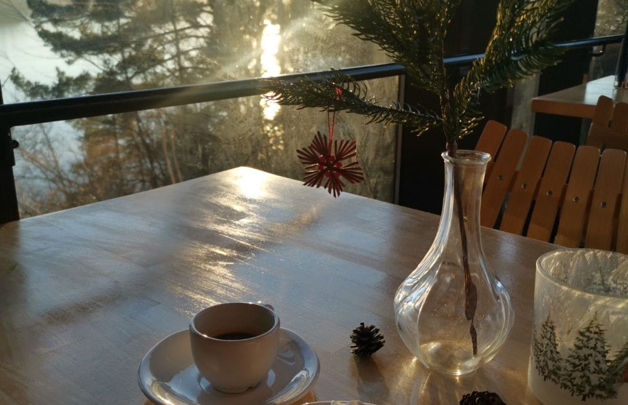 Et bord dekket med en kopp kaffe og et kakestykke, i kafeen på Troldhaugen