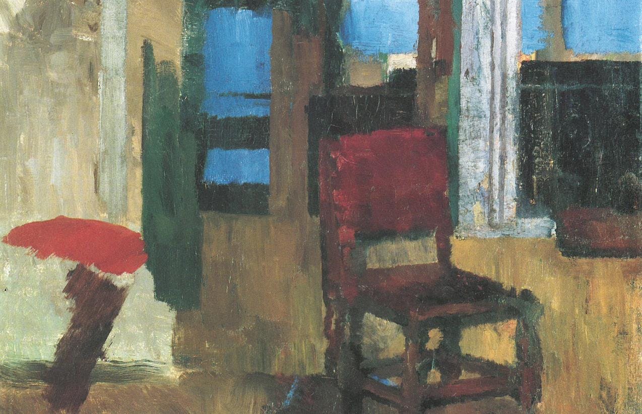 Et maleri som viser en stol foran et vindu, hvor vi ser ut på blå kveldshimmel.