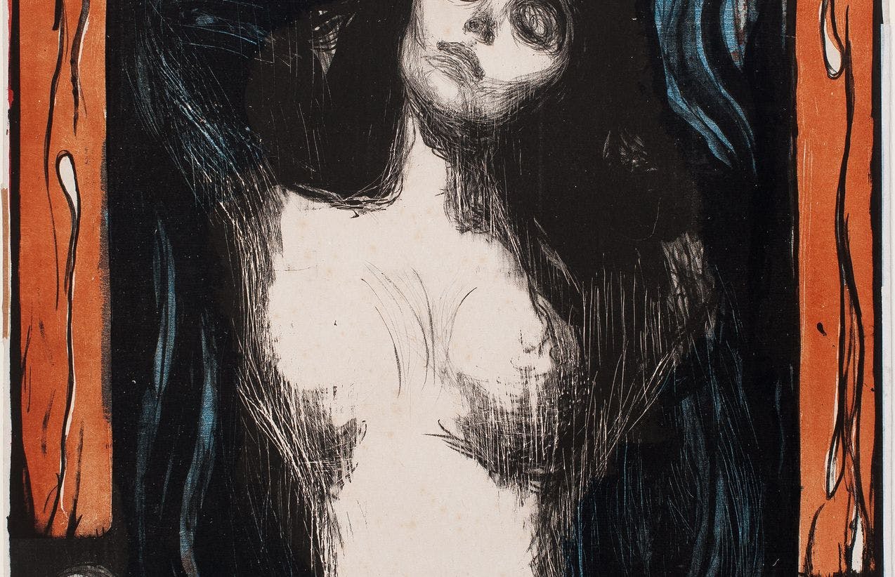 Et litografi av Edvard Munch, som viser motivet Madonna, hvor en kvinne står med bart bryst og håret flommende utover.