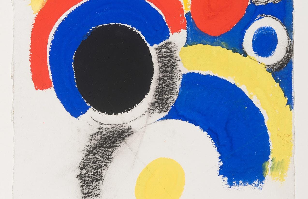 Abstrakt bilde i primærfargene rødt, gult og blått som viser runde former.