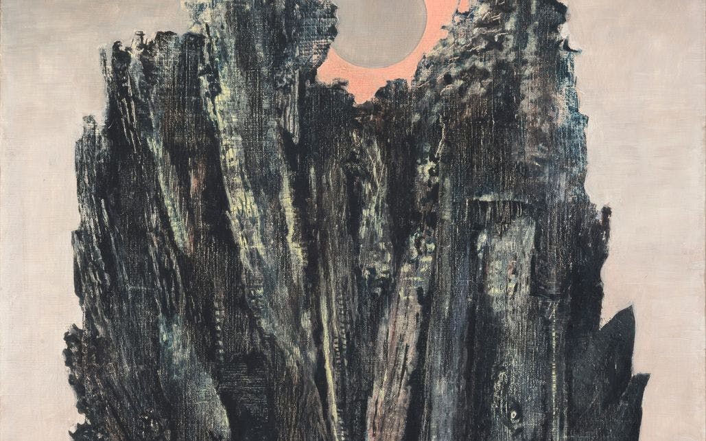 Painting by Max Ernst depicting a gigantic cliff-like mountain on a black ground. Behind it a sharp circle in bright pink.