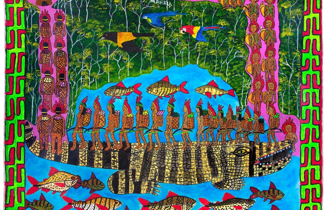 Et fargerikt bilde med motiv av fisk som svømmer under en alligator, omgitt av mennesker