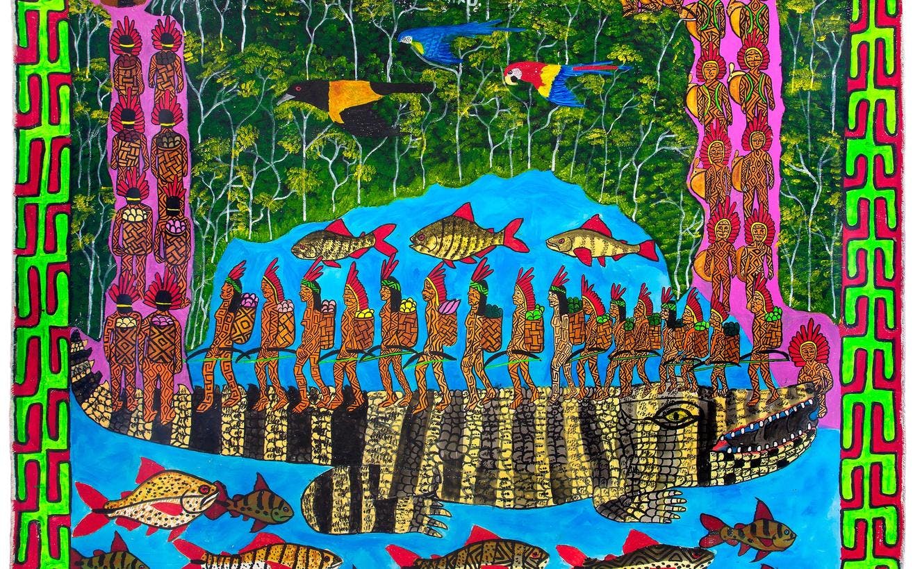 Et bilde i sterke farger som viser en gruppe mennesker gående over en stor krokodille, omgitt av svømmende fisk.