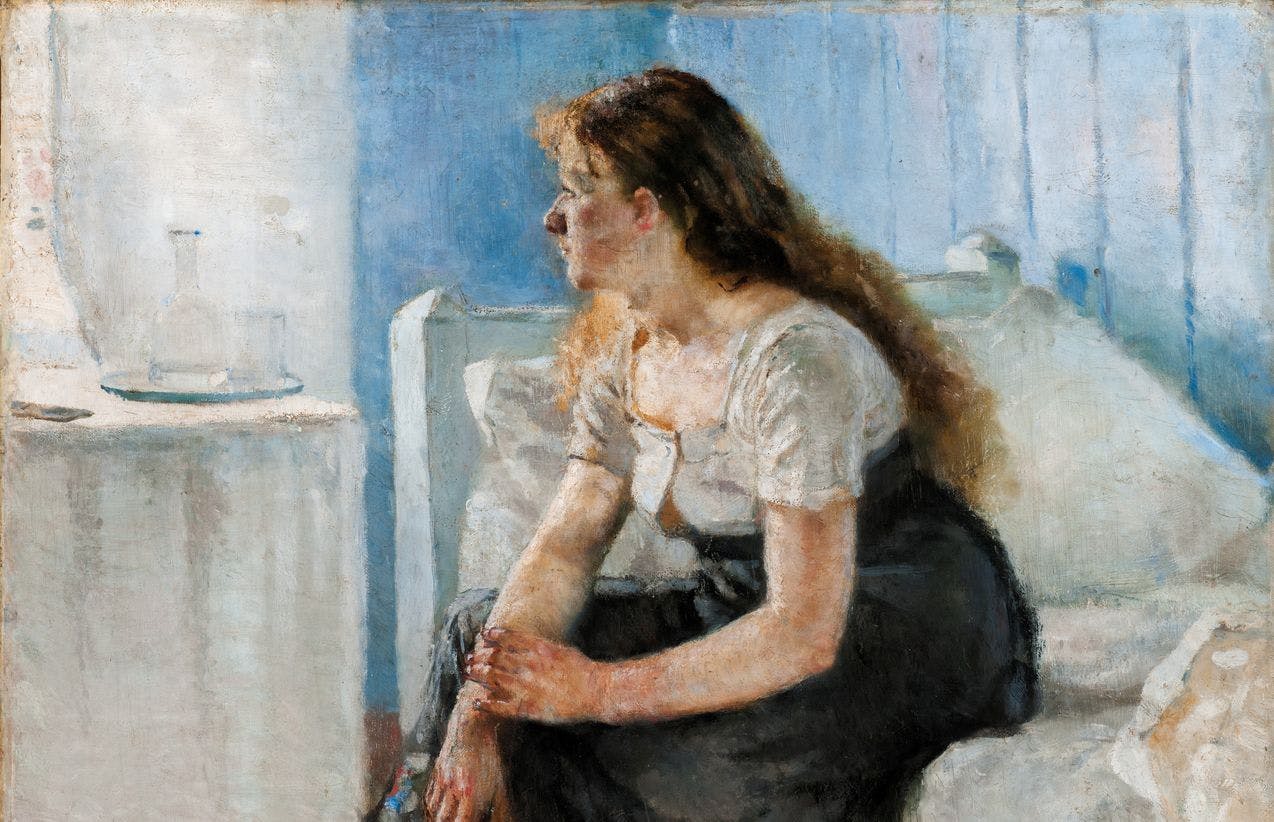 A painting by Edvard Munch depicting a young woman sitting on her bed, getting dressed in the morning light. She has simple clothes, a long skirt, and is about to put on her socks. She is looking out the window with a dreaming facial expression.