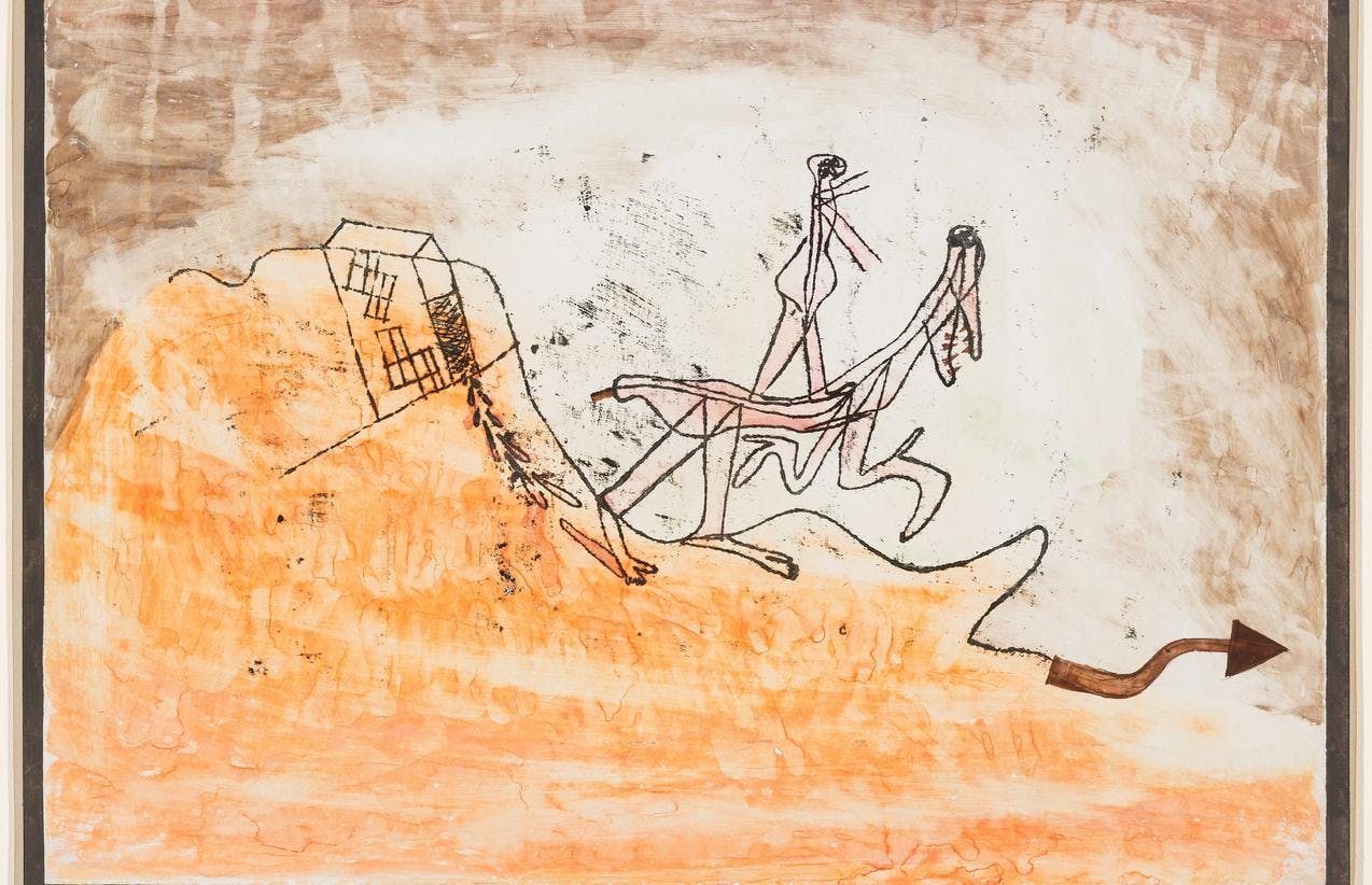 Et motiv av Paul Klee, som viser to abstrakte figurer tegnet med tynn strek, som beveger seg mot høyre i et landskap