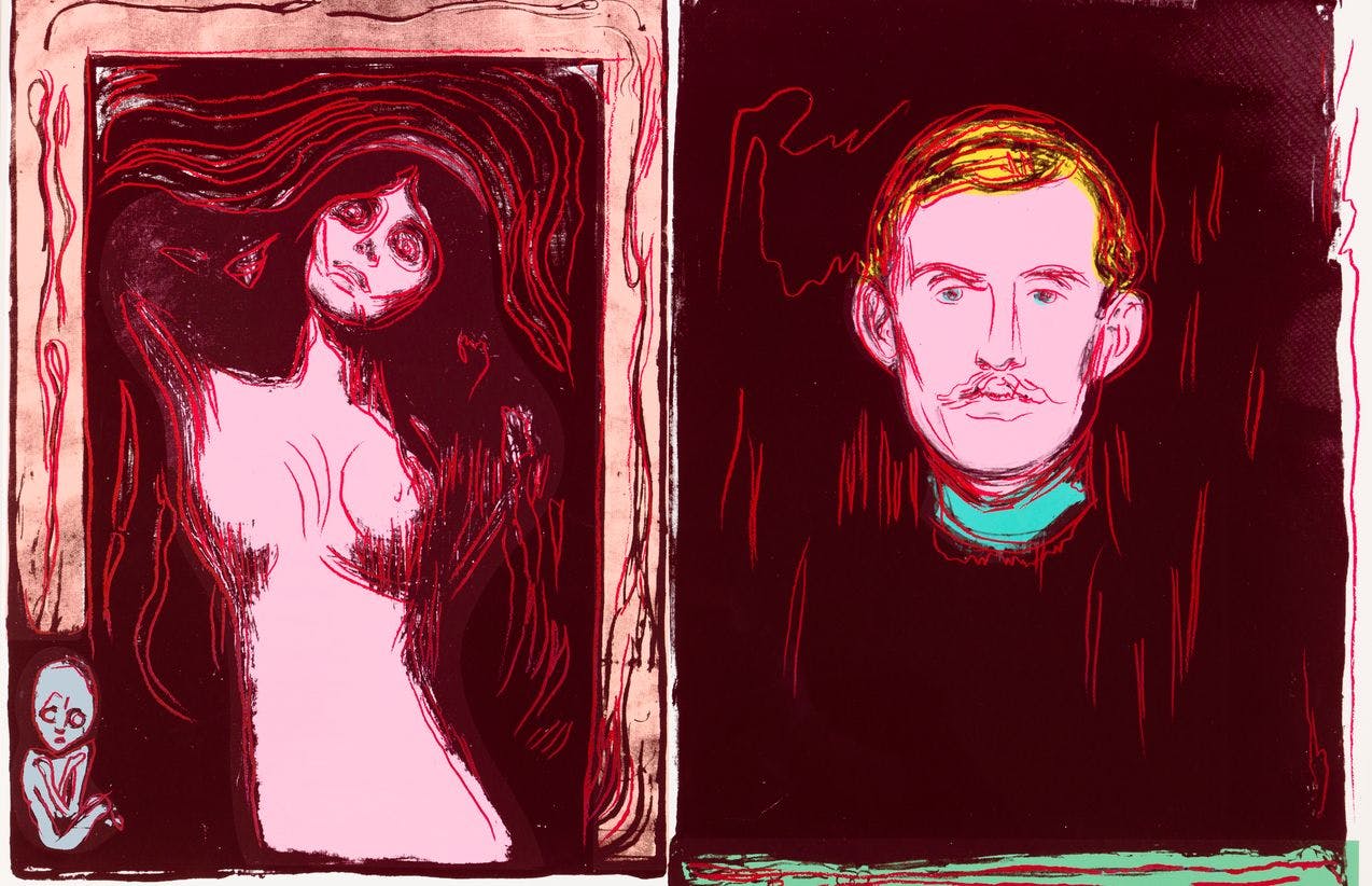 Silk screen print by Andy Warhol based on paintings by Edvard Munch. Depicting the naked Madonna at the left side and the painter's self-portrait with mustache and short hair on the right side.