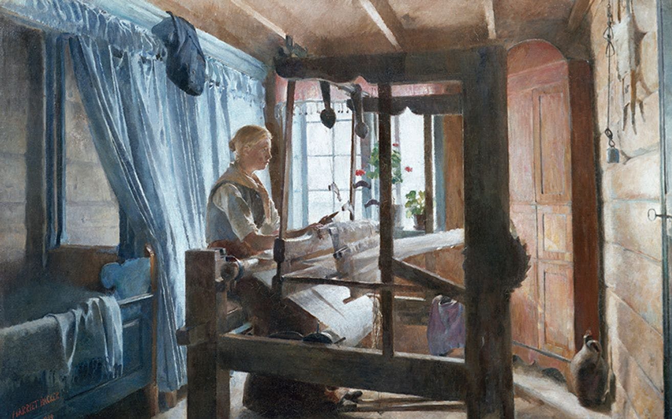 maleri av en kvinne som sitter i en enkelt innredet stue og vever.