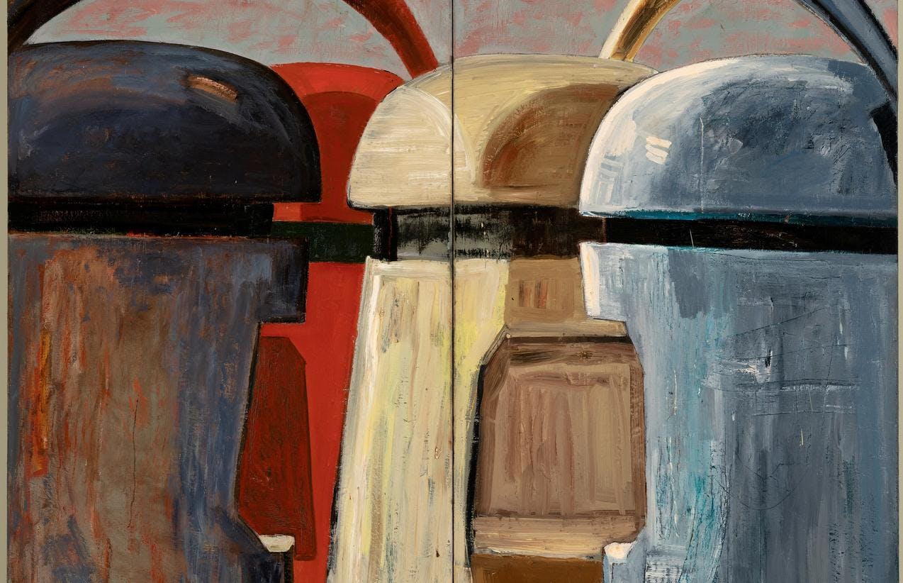 Maleri av Arvid Pettersen som viser fire kaffekanne-lignende figurer i ulike farger, med noe som ligner en åpen munn.