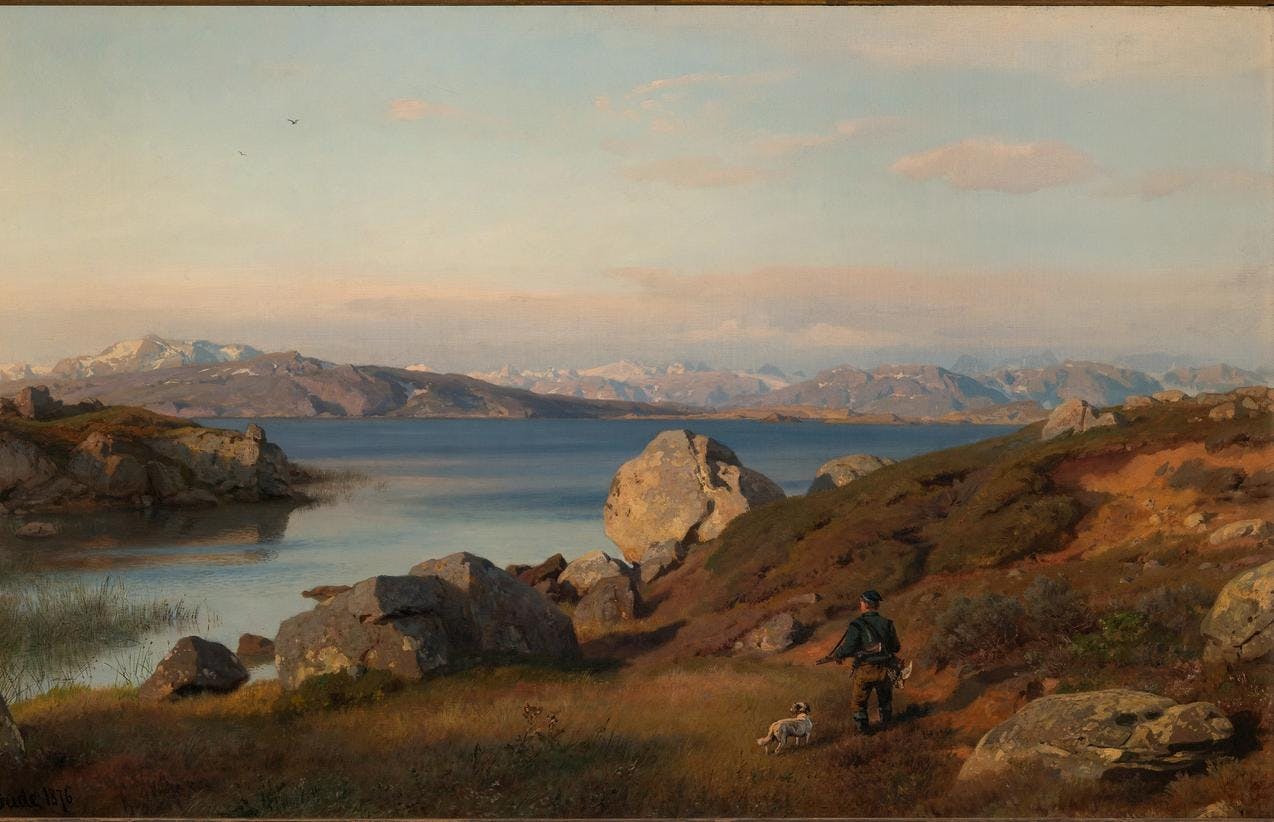 A painting by Hans Gude depicting a impressive Norwegian high mountain landscape with a lake, large snow-clad mountains and a single man walking in the nature with his dog.