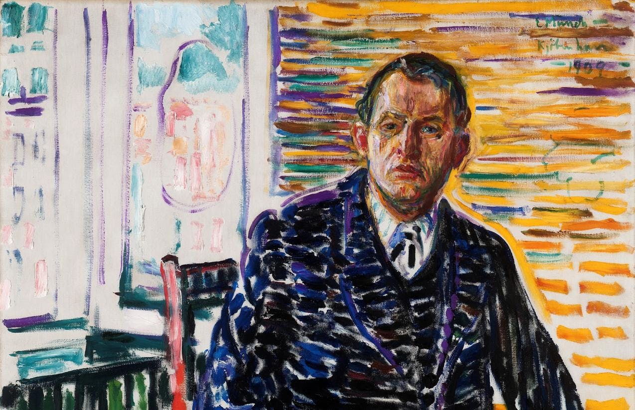 A colour-ful self-portrait by Edvard Munch, painted in dotted strokes. He is sitting on a chair, facing towards the viewer, wearing a dark blue suit and tie. Behind him is a open window.