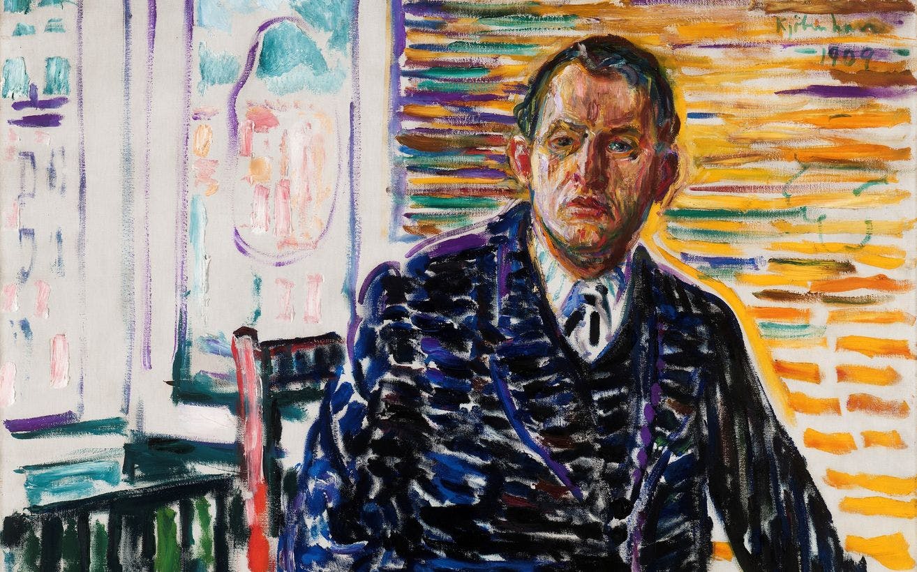 A colorful painting by Edvard Munch, depicting a self-portrait, where he is seated by a window.