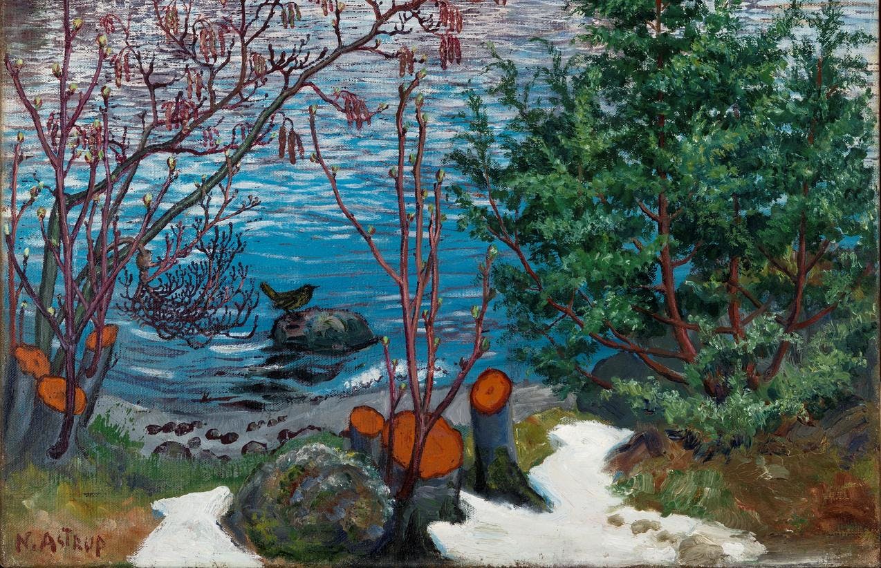 Maleri av Astrup som viser et fjordlandskap med snødekte fjell i bakgrunnen, og en liten fugl på en sten helt fremme i bildet.