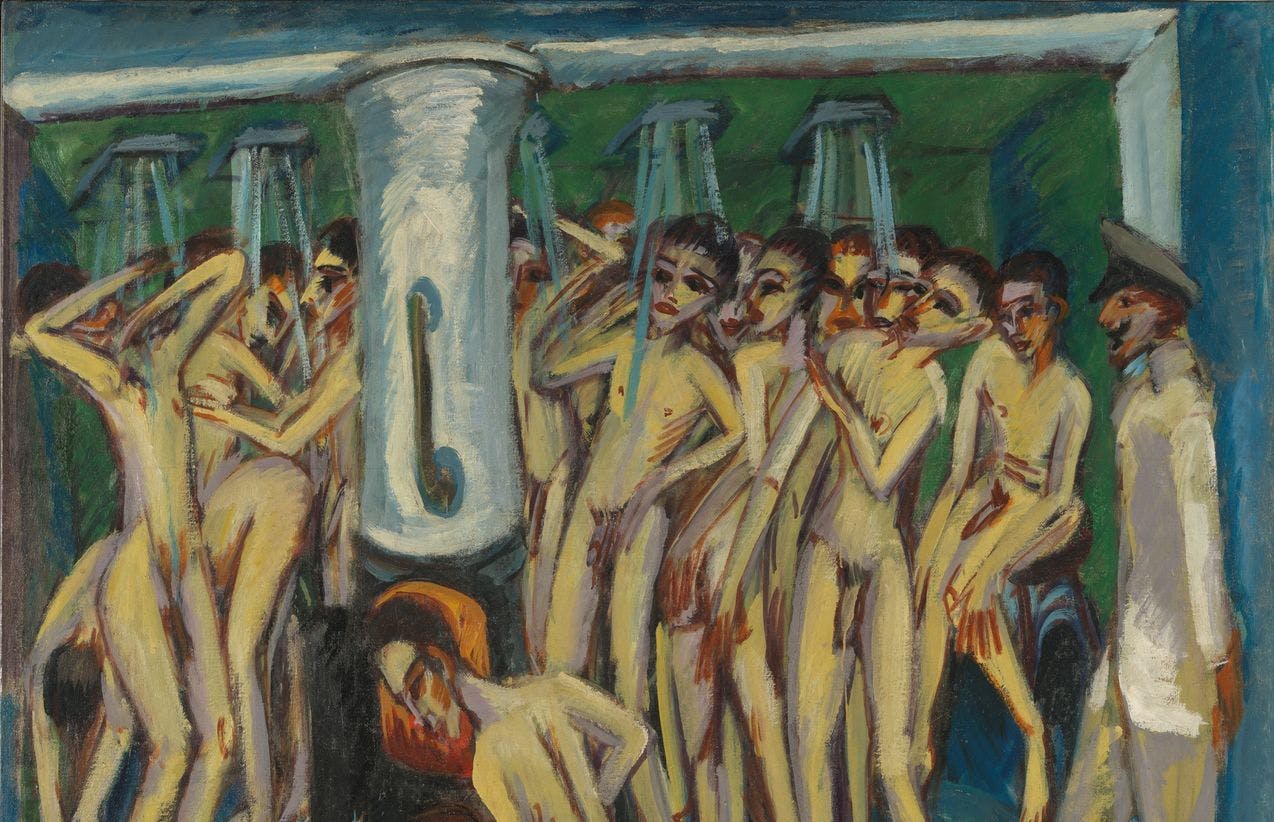 Painting by Ernst Ludwig Kirchner depicting a group of naked soldiers taking a shower in a large shower room, supervised by a general in uniform.
