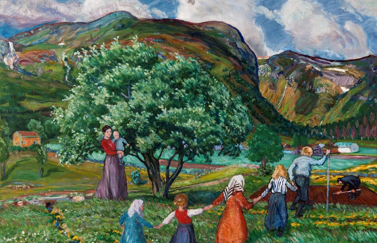 Maleri av Nikolai Astrup som viser fem barn på rekke, som går på grønt gress. En kvinne står ved siden av og ser på dem, med et barn i armene. Fjell i bakgrunnen.