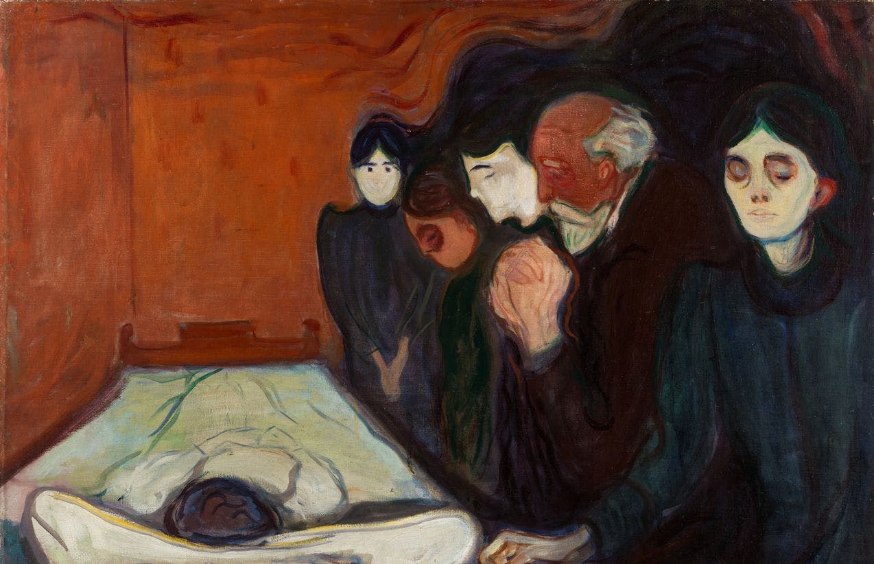A painting by Edvard Munch depicting a group of people in mourning, standing by the bed where the deceased is lying, covered in a withe cloth.