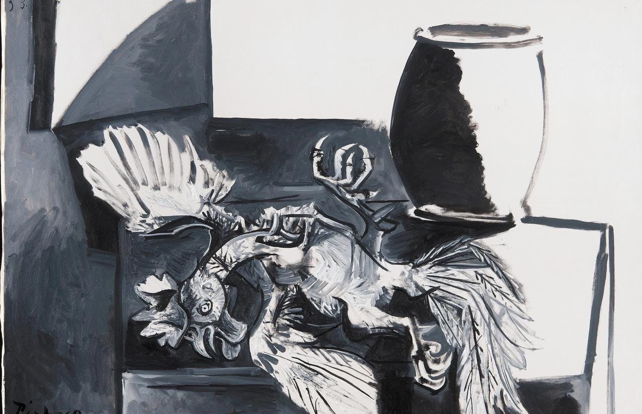 Et maleri av Pablo Picasso, som viser et delvis abstrakt motiv av en død hane som ligger på rygg foran en krukke