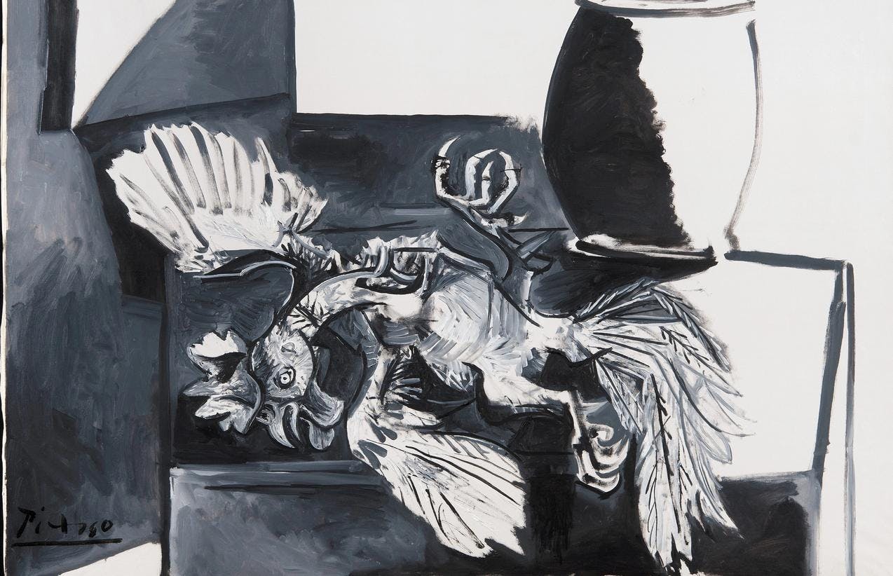 Et abstrakt maleri av Picasso som viser en hane og en krukke
