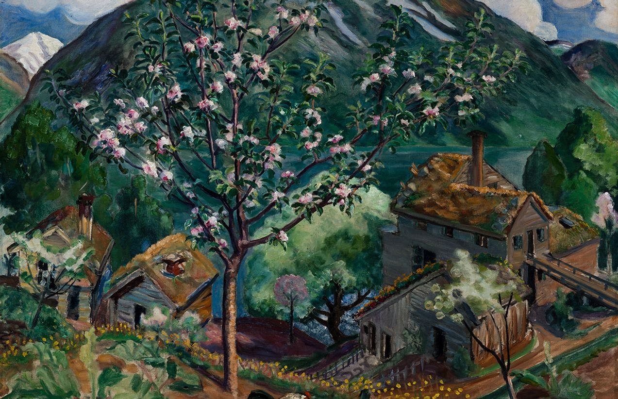 Et maleri av Nikolai Astrup, som viser et epletre i blomst i forgrunnen, med husene i en klynge i bakgrunnen