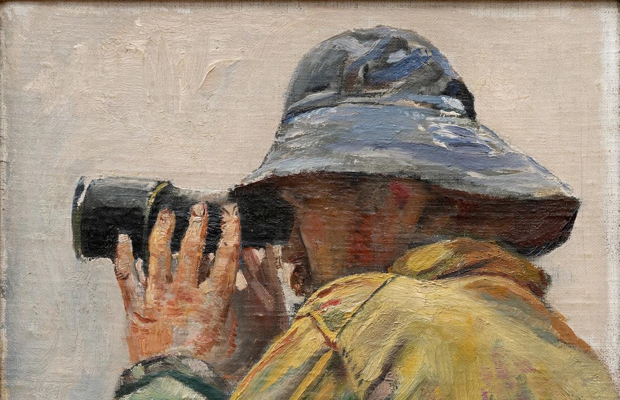 A painting by Christian Krohg depicting a sailor in classic oil clothes and a Sou'wester hat, looking in a monocular.