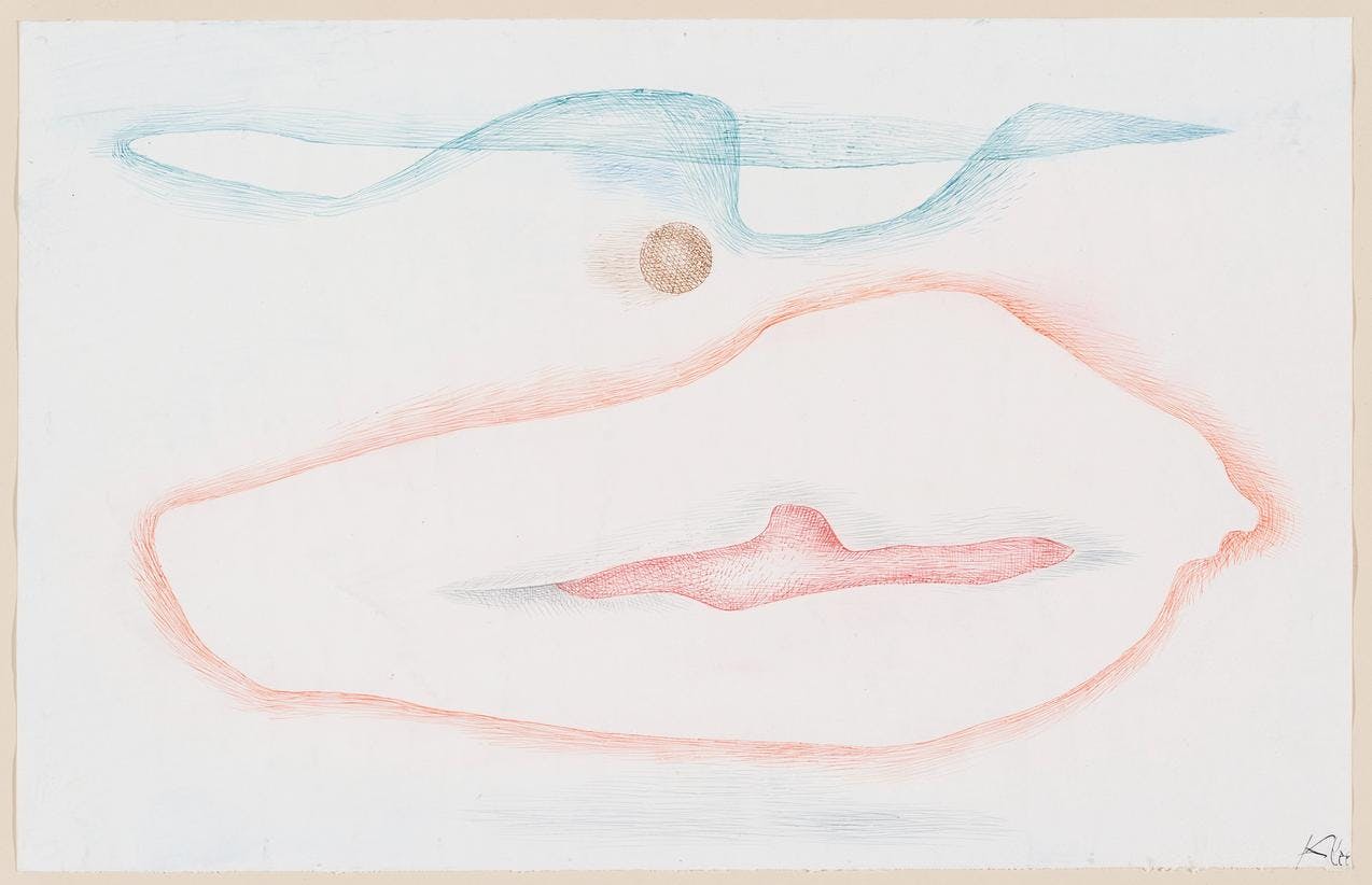 Et abstrakt motiv av Paul Klee, som viser en oval i oransje og bølgende linjer i blått, mot hvit bakgrunn
