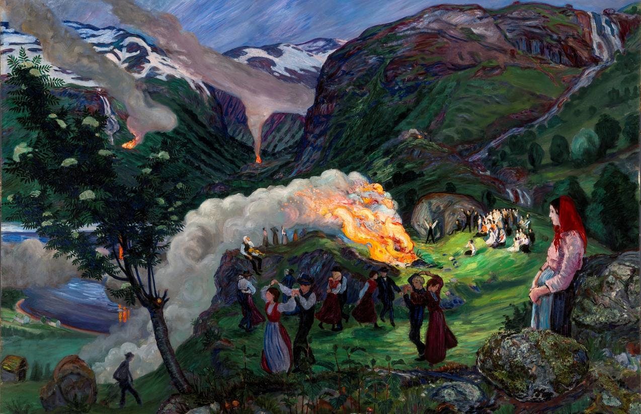 A painting depicting a midsummer eve bonfire, with dancing people, in a mountain landscape