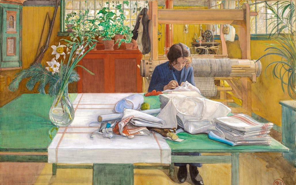 Large aquarel painting by Carl Larsson depicting a woman sewing at a large table. She is sitting in a living room with flowers in pots and yellow walls. 