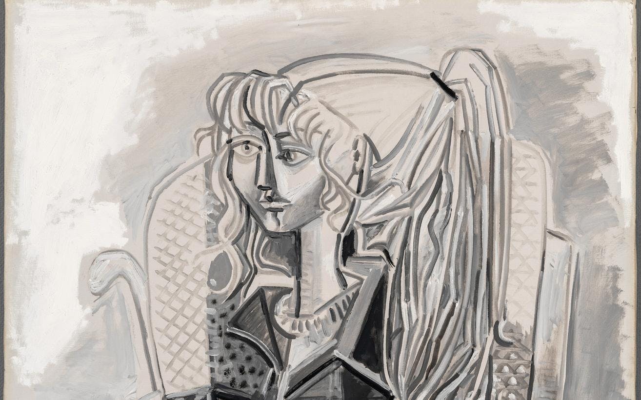 Et maleri av Picasso som forestiller en ung kvinne med høy hestehale, fremstilt i kubistiske former i sort-hvitt.