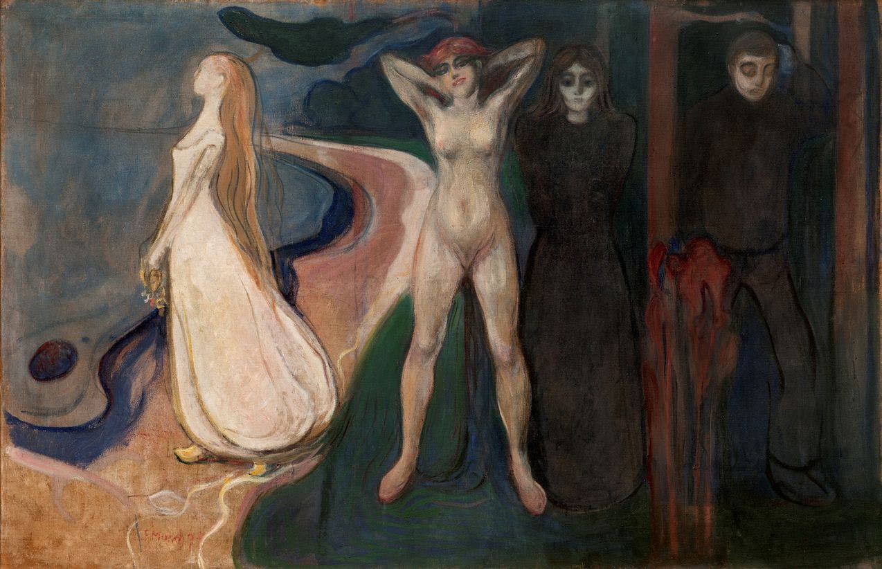 Maleriet Kvinnen av Edvard Munch framstiller tre kvinner, med en mannsfigur ytterst i bildet til høyre