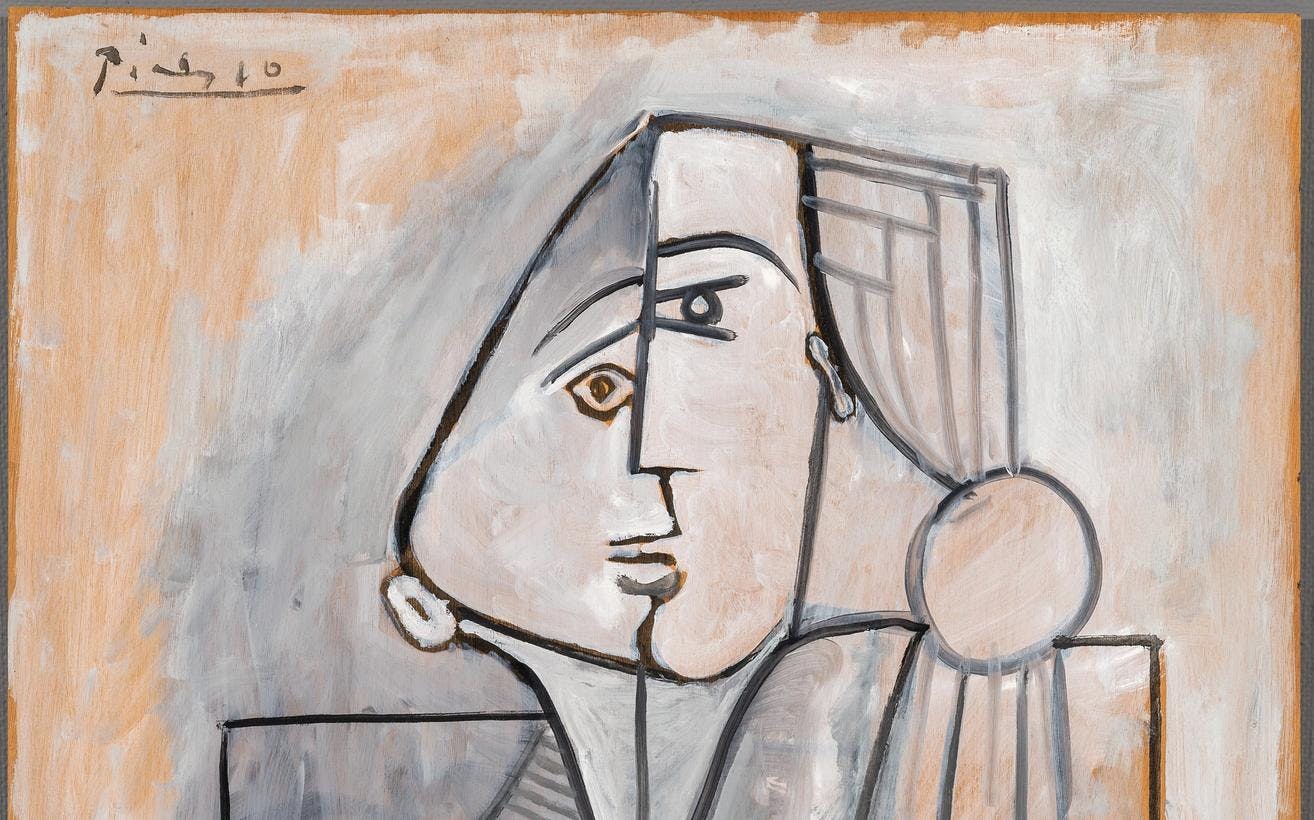 Maleri av Picasso som viser en rekke kantete former satt sammen til å ligne en naken kvinne.
