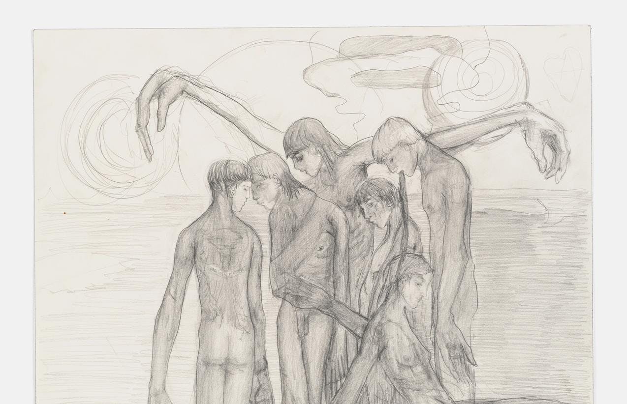 En tegning i sort-hvitt som viser en gruppe mennesker som står med bøyde hoder på rekke. Armene henger ned langs siden, med overdimensjonerte hender.