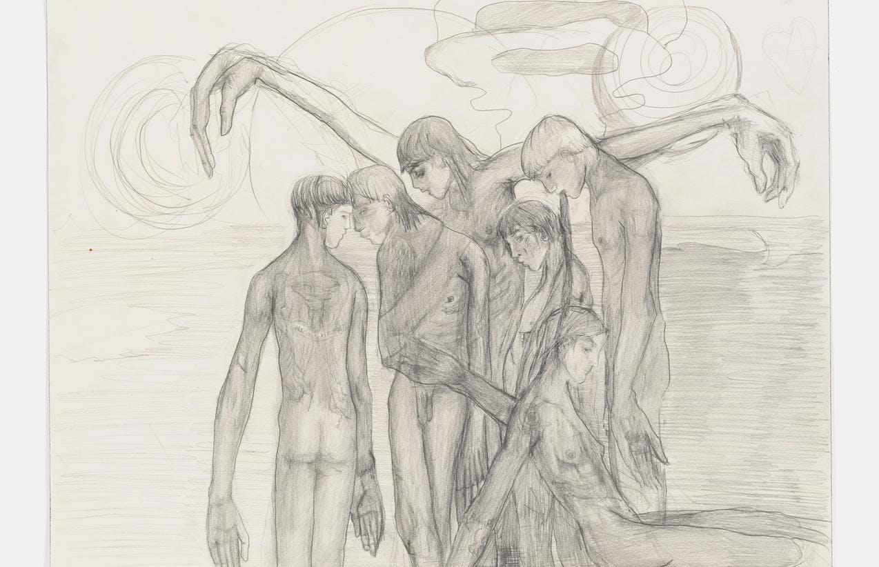 En tegning i sort-hvitt som viser en gruppe mennesker som står med bøyde hoder på rekke. Armene henger ned langs siden, med overdimensjonerte hender.