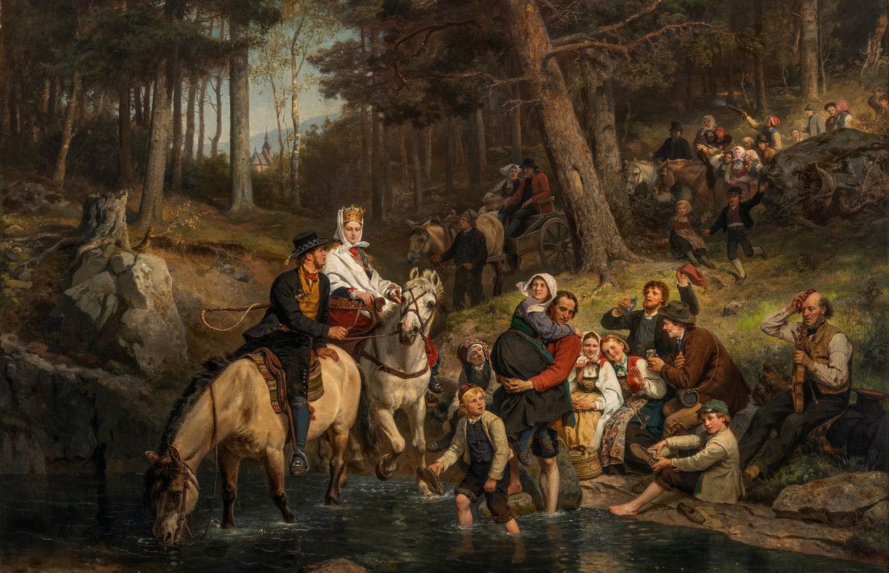 A painting by Adolph Tidemand depicting a traditional wedding procession by horse and by feet through a forest. The painting is from the late 1800s in Norway and the people depicted wear traditional bunads. .