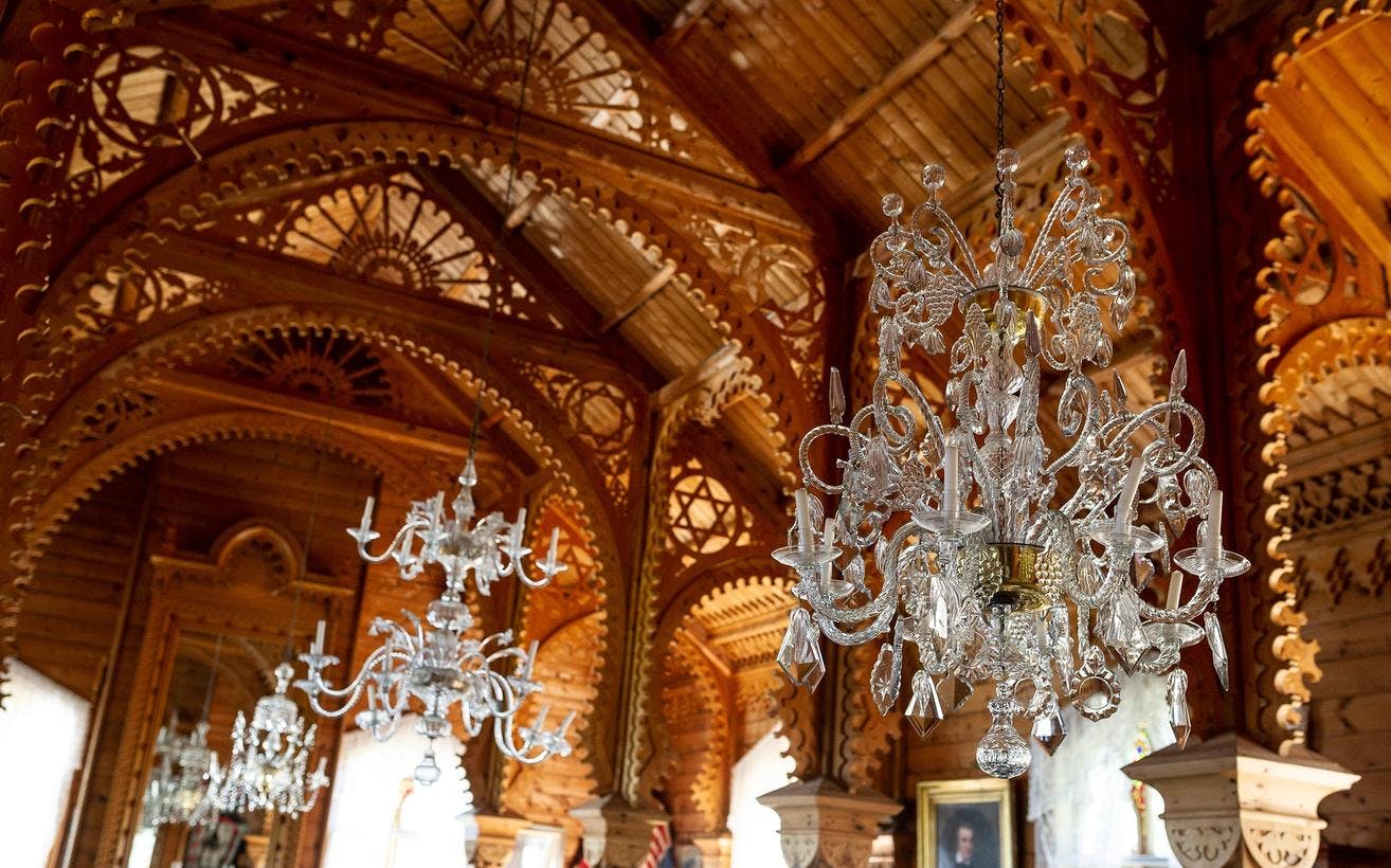 From the villa at Lysøen, with the richly ornamented ceiling and chandeliers.