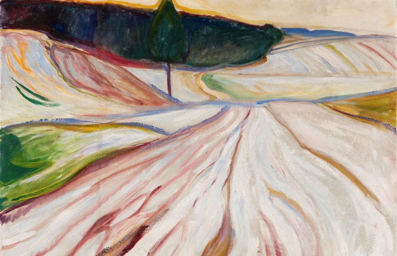 Et maleri av Edvard Munch, som viser et vinterlandskap i lyse farger