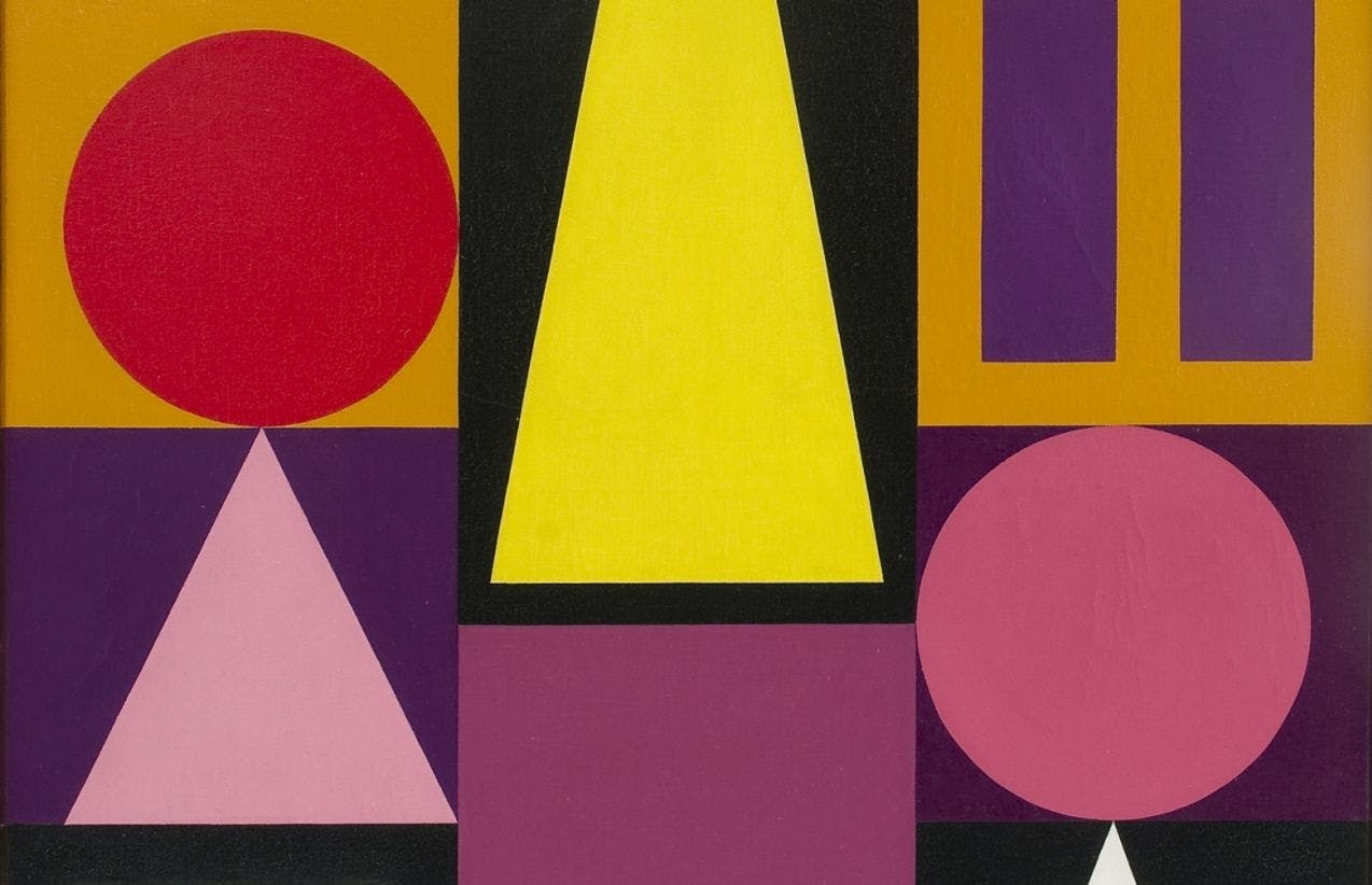 Abstrakt bilde med geometriske former i sort, hvitt, rosa, lilla og gult