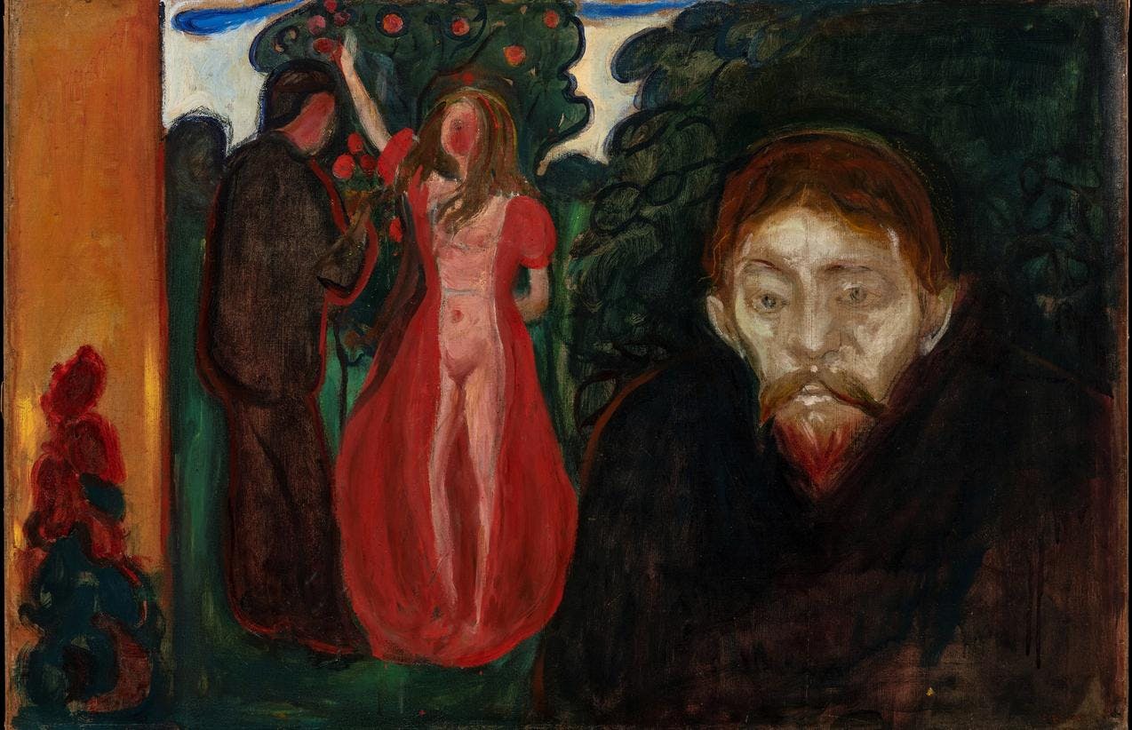 The painting Jealousy by Edvard Munch depicting a man with a depressed outlook standing in front of a couple. The couple behind him, a man and woman, are standing before an apple tree, the man in dark clothes and the woman naked with an open red robe. 