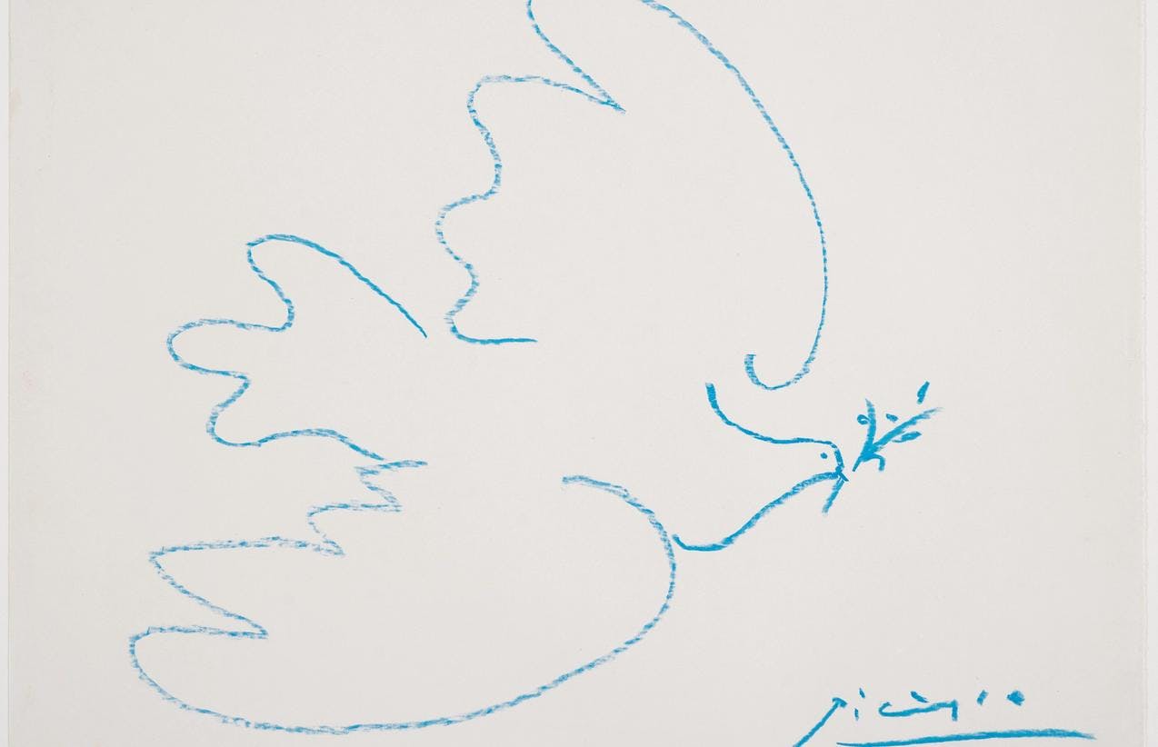 Et tegning av Pablo Picasso, som framstiller en due tegnet med blått omriss, mot hvit bakgrunn