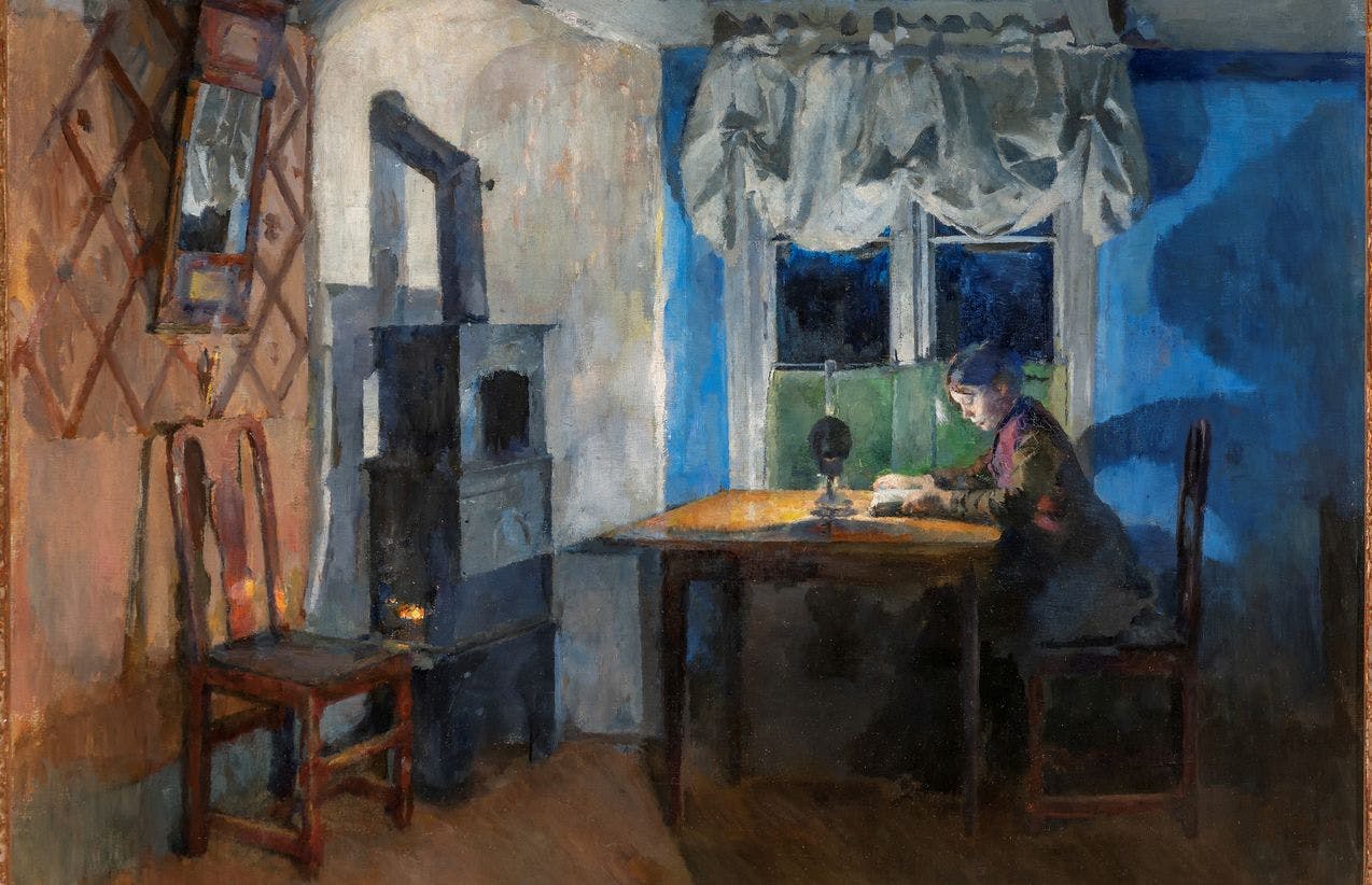 A painting by Harriet Backer depicting a sparsely decorated living room, where a young woman is sitting on a wooden chair reading at a table. The room is lit only by a simple oil lamp. 